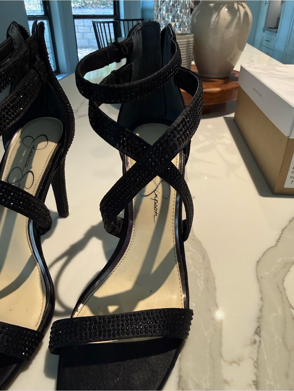 Jessica Simpson Black Strappy Crisscross Rhinestone Heels